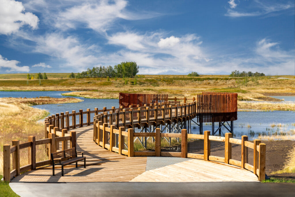 Boardwalk over wetlands in community of Hotchkiss, Calgary