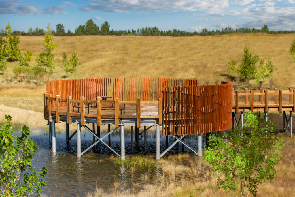 Boardwalk and bird blind over wetlands in Hotchkiss, Calgary